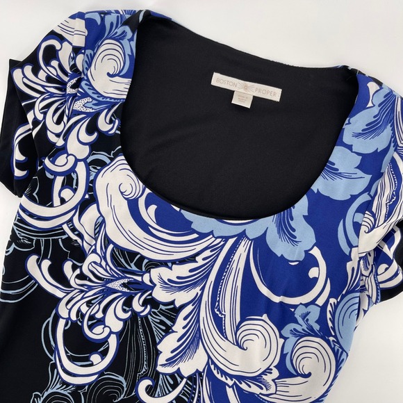 Boston Proper Dress Sheath Floral Print Stretch Short Sleeve Blue‎ Black Size 4 - Picture 1 of 6